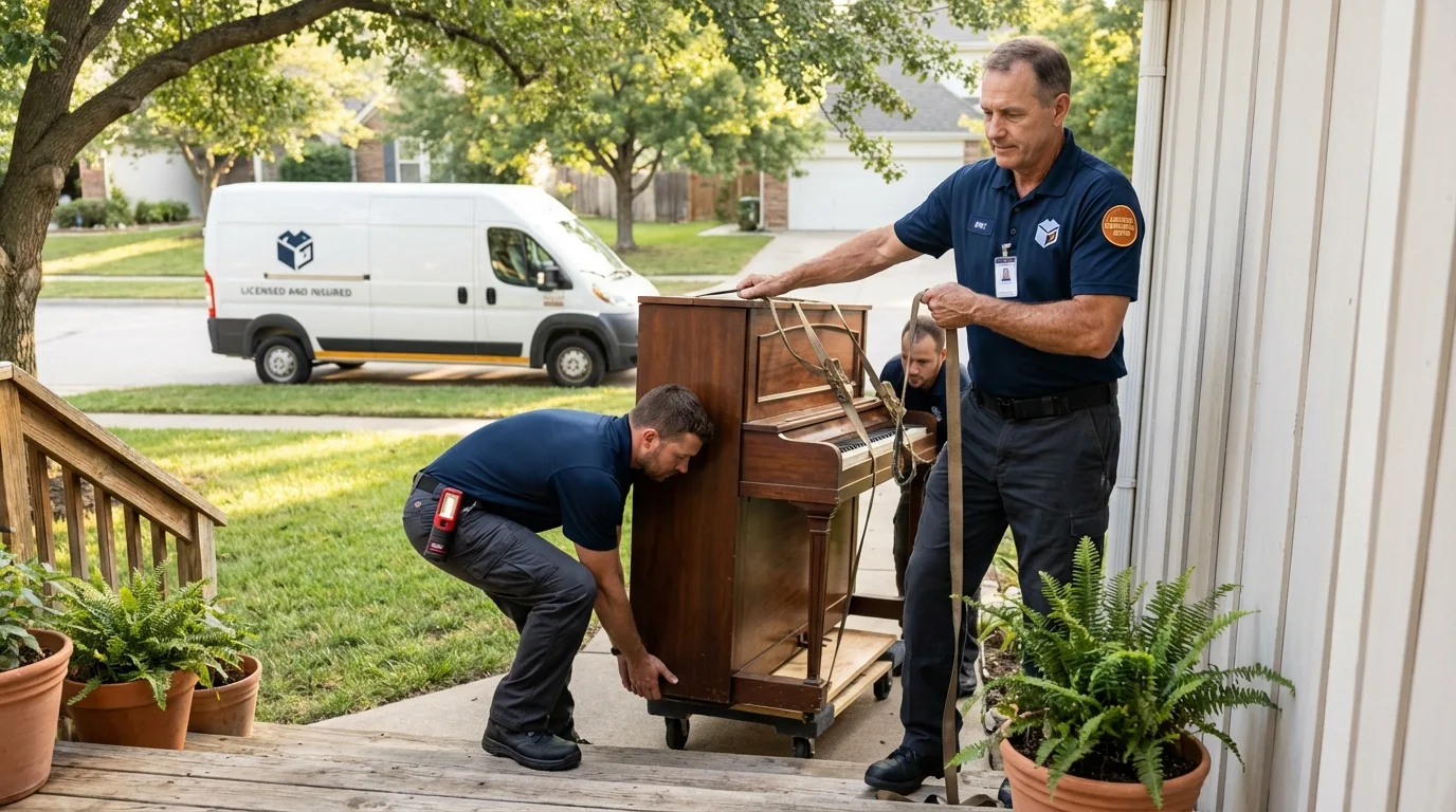 Licensed piano movers securing grand piano in Dalton, GA
