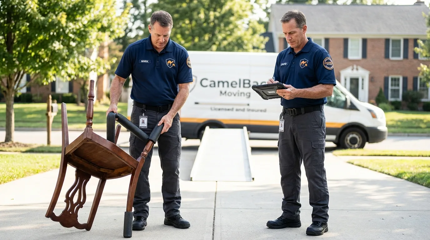Movers inspecting furniture for damage prevention before loading in Dalton, GA