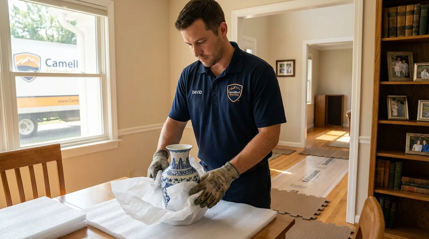 Professional crew carefully wrapping antique vase for senior downsizing move in Dalton, GA